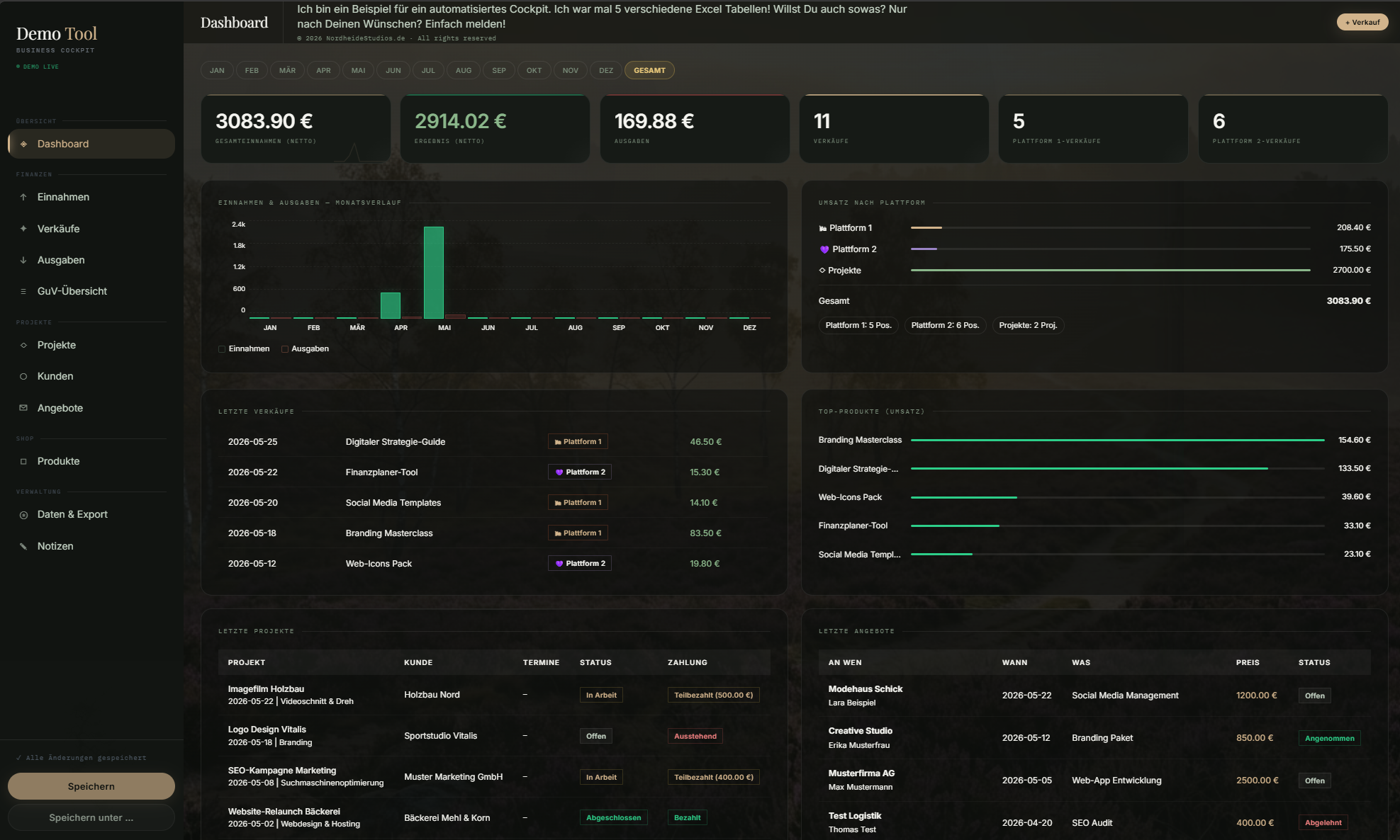 NordheideStudios Dashboard Beispiel - Individuelle WebApp & Cockpit