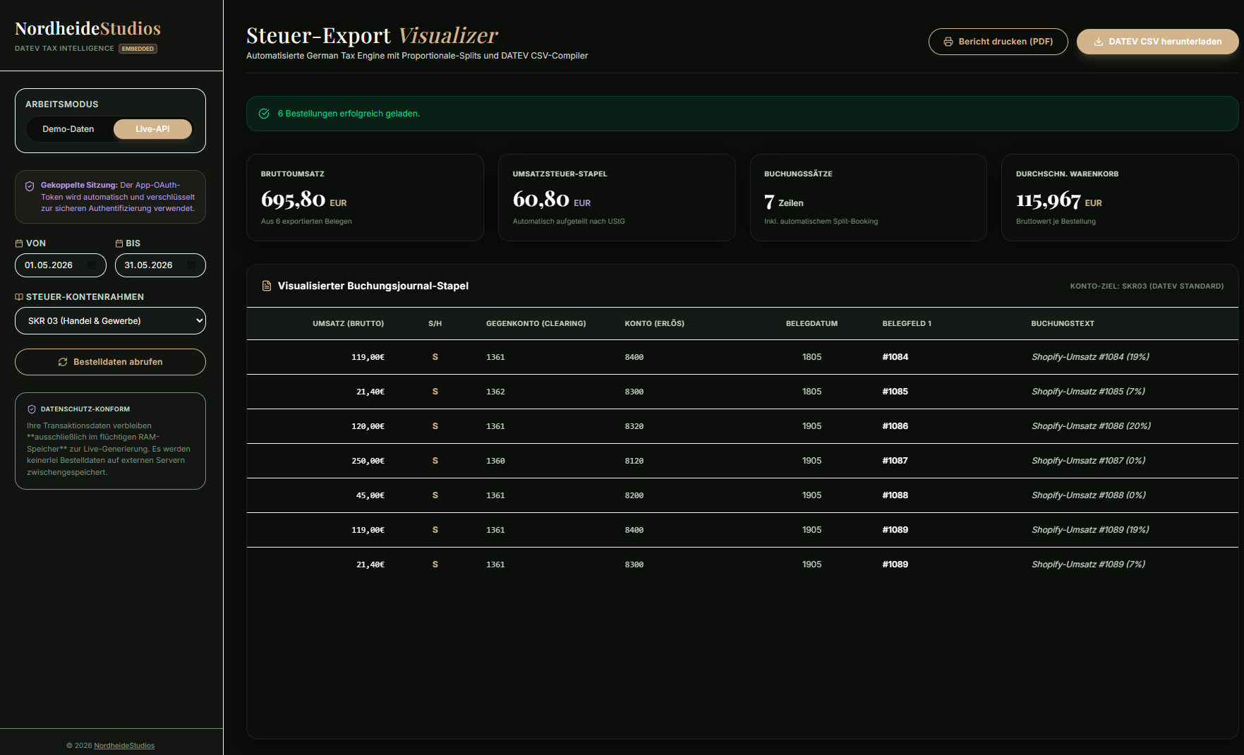DATEV Steuer-Export App für Shopify — Screenshot