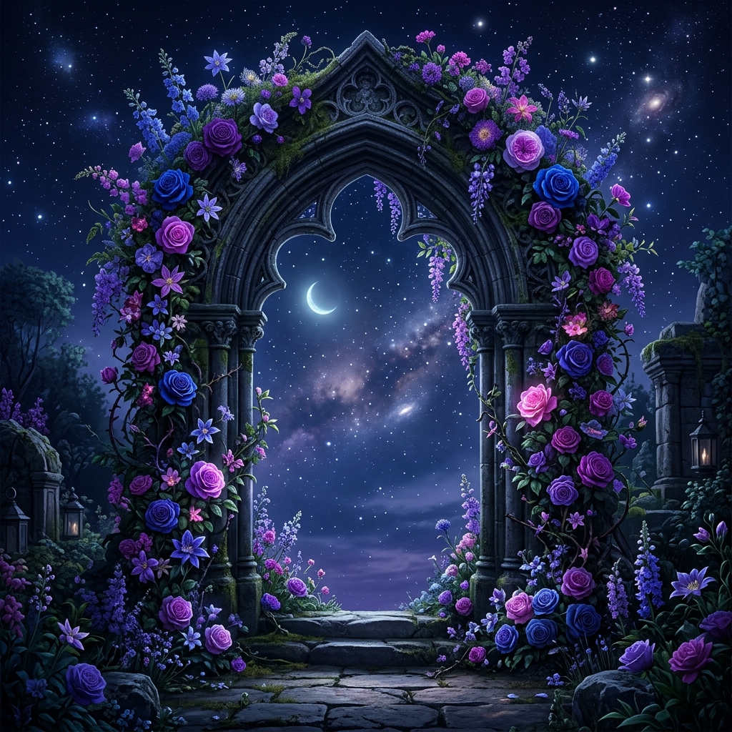 Mystischer Steinbogen mit pink-lila Rosen vor Sternenhimmel