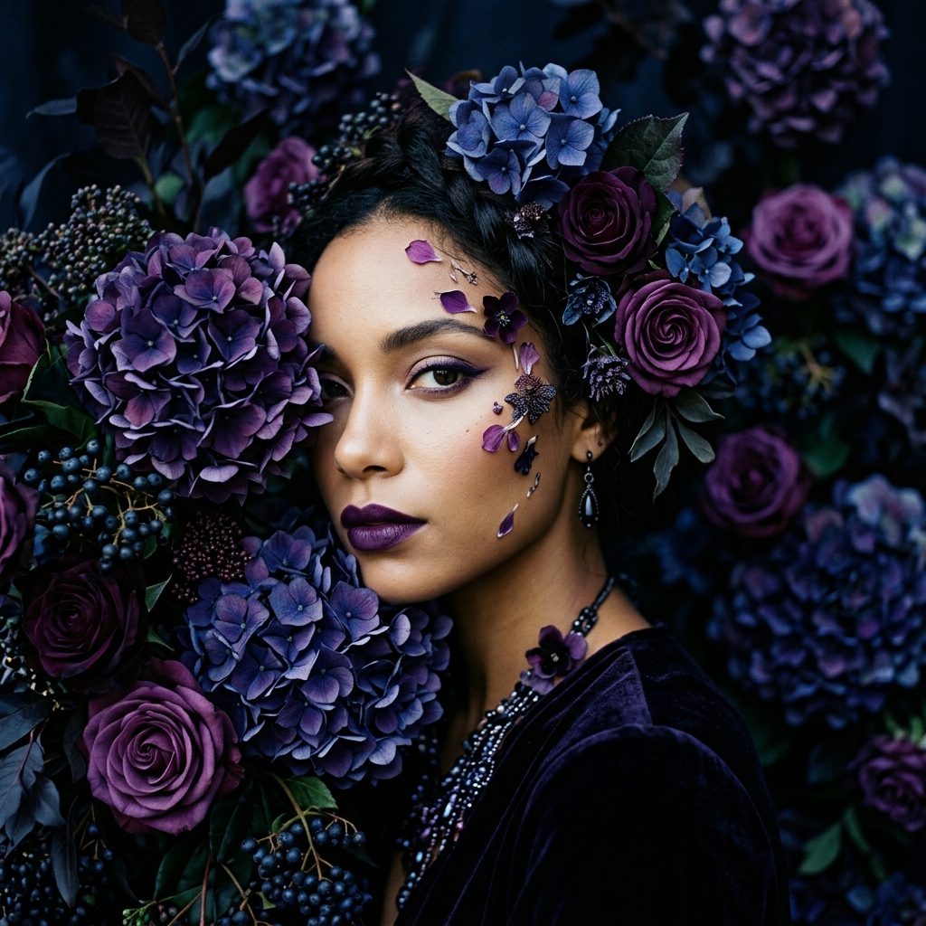 Ethereal High-Fashion Porträt mit lila Hortensien
