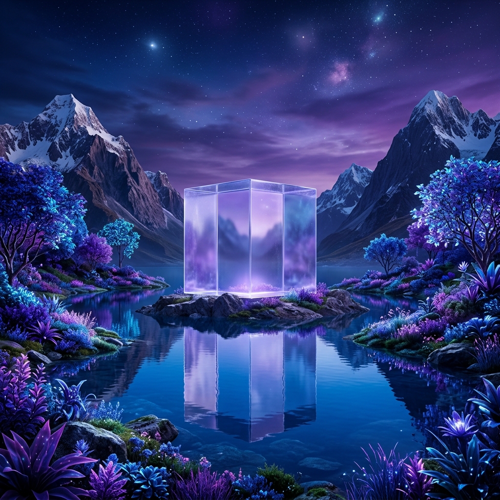3D Glas-Kubus in surrealer, mystischer Landschaft